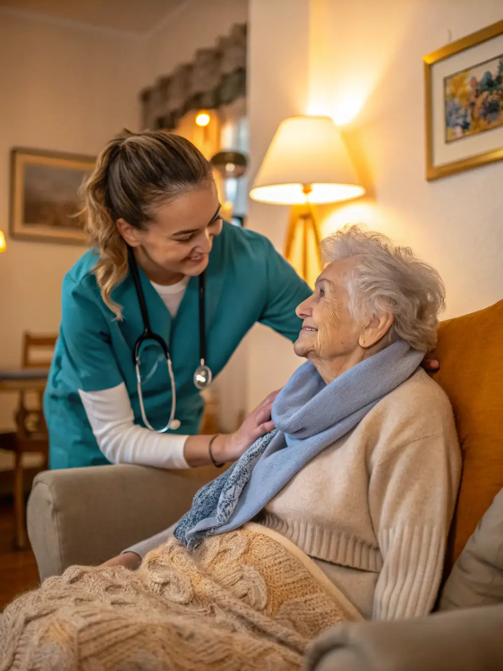 A photograph depicting an elderly woman receiving personalized care at home from a healthcare professional, showcasing the one-on-one support provided by HCBS.