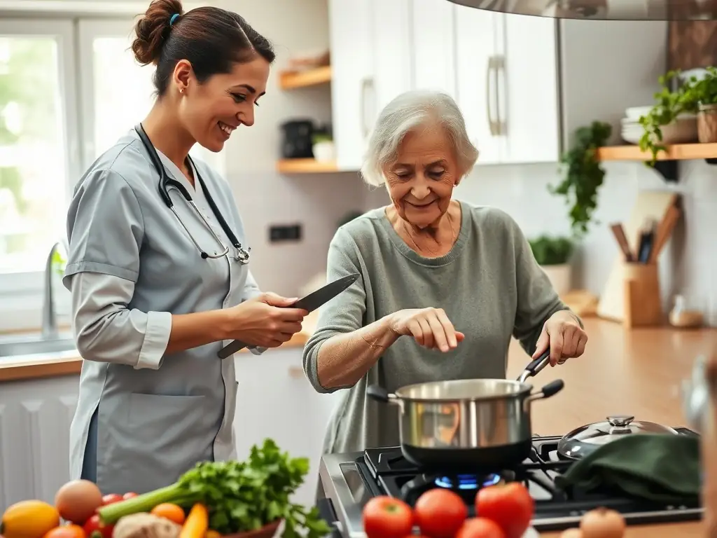 A friendly caregiver assisting a senior with meal preparation in a sunny kitchen, emphasizing personalized support.