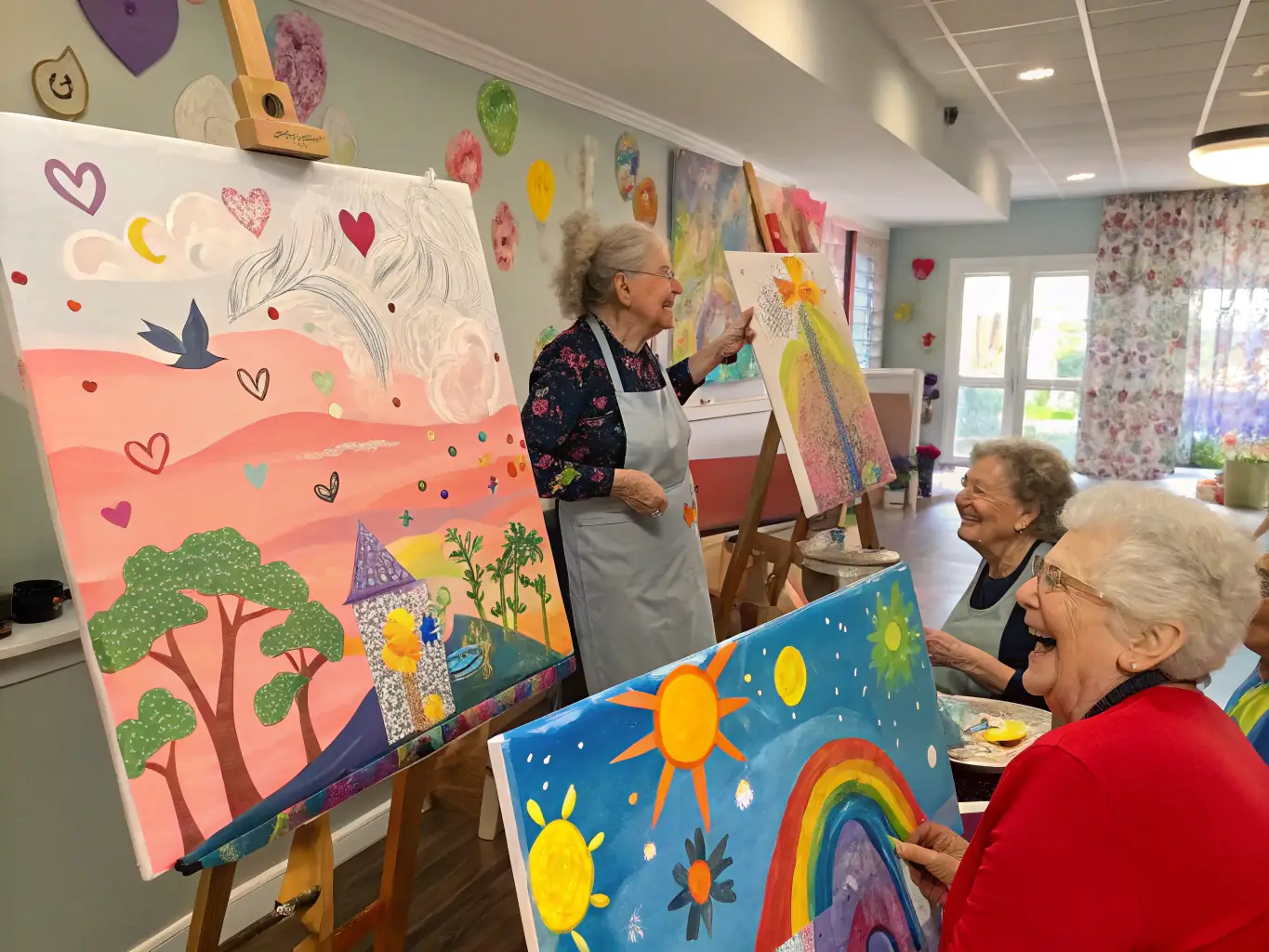A group of adults participating in a community-based activity, such as a painting class, showcasing social engagement.